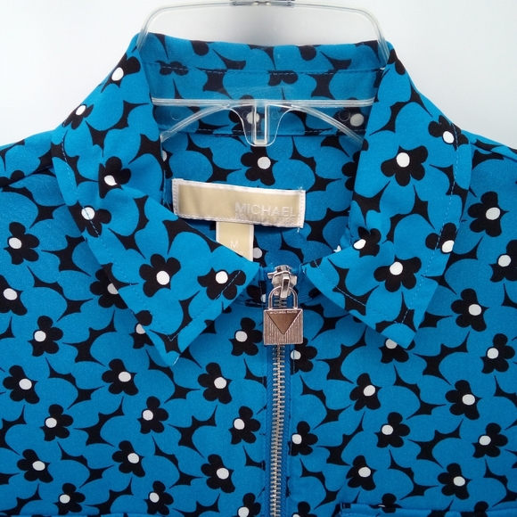 MICHAEL Michael Kors Blue Black Floral Metal Purse Zipper Charm Blouse Work M - Picture 5 of 11